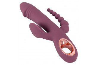 Сливовый вибратор с клиторальным отростком и анальным хвостом Slim Triple Plum - 21,4 см.