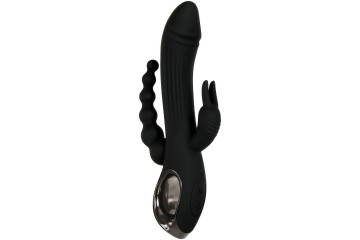 Черный вибромассажер с тройной стимуляцией Trifecta - 21,6 см.