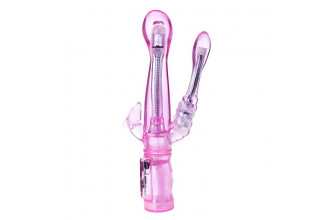 Розовый вибратор с анальным и клиторальным отростками Intimate Tease - 22,5 см.