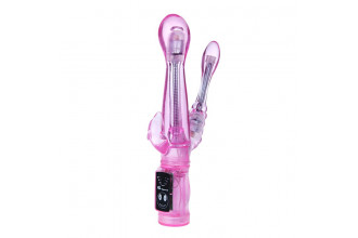 Розовый вибратор с анальным и клиторальным отростками Intimate Tease - 22,5 см.