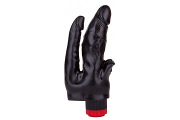 Чёрный вибромассажёр с двумя стволами и лепестками - 17 см.