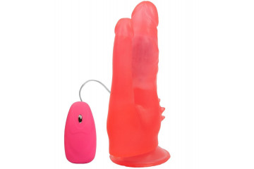 Розовый анально-вагинальный вибромассажёр с проводным пультом - 17 см.