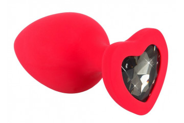 Красная силиконовая анальная пробка с черным стразом-сердечком - 9,3 см.