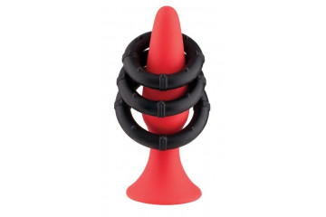 Набор из красного анального плага и 3 черных эрекционных колец