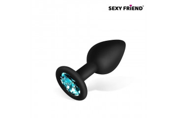 Черная силиконовая анальная втулка с голубым кристаллом - 7,3 см.