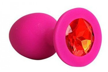 Ярко-розовая анальная пробка с красным кристаллом - 9,5 см.