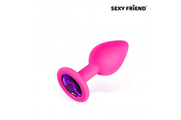 Розовая силиконовая анальная втулка с фиолетовым кристаллом - 7,3 см.