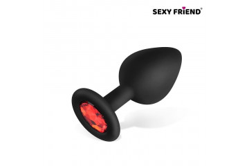 Черная силиконовая анальная втулка с красным кристаллом - 8 см.