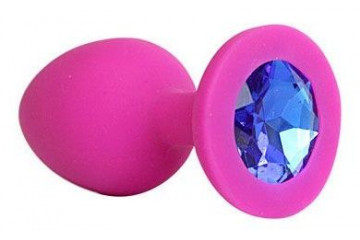 Ярко-розовая анальная пробка с синим кристаллом - 9,5 см.