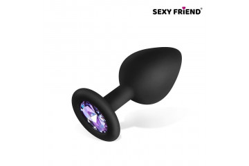 Черная силиконовая анальная втулка с сиреневым кристаллом - 8 см.