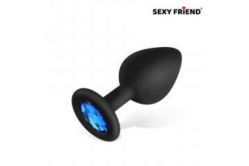 Черная силиконовая анальная втулка с голубым кристаллом - 8 см.