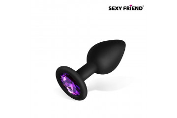 Черная силиконовая анальная втулка с фиолетовым кристаллом - 7,3 см.