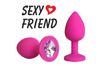 Розовая анальная втулка с сиреневым кристаллом - 7,3 см.