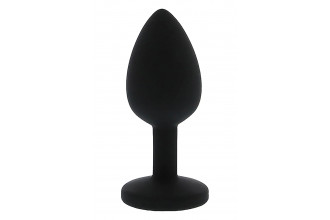 Черная гладкая анальная пробка с розовым кристаллом Silicone Diamond Plug - 7 см.