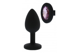 Черная гладкая анальная пробка с розовым кристаллом Silicone Diamond Plug - 7 см.