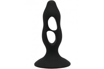 Чёрная анальная пробка с полостями для сжатия и легкого введения - 11 см.