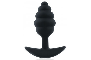 Черная ребристая анальная втулка с ограничителем - 9 см.