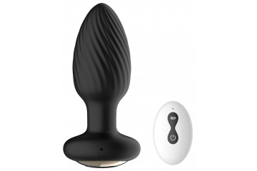 Черная анальная вибропробка с вращением и пультом ДУ - 9,8 см.