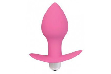 Розовая коническая анальная вибровтулка с ограничителем - 8 см.