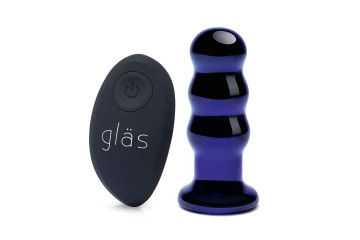 Синий стеклянный анальный стимулятор на дистанционном управлении Beaded Buttplug