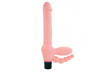 Телесный безремневой страпон с анальным отростком