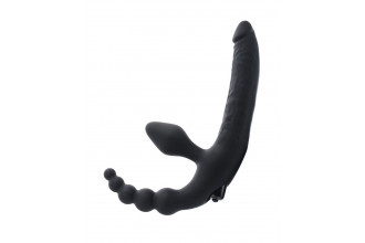 Чёрный безремневой страпон с вибрацией и анальным отростком