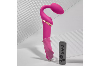 Ярко-розовый безремневой страпон Multi Orgasm Bendable Strap-On size XL с клиторальной стимуляцией