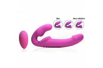 Розовый безремневой страпон с вибрацией и функцией расширения Inflatable Ergo-Fit Strapless Strap-On