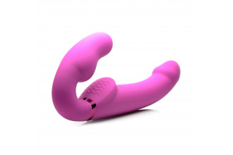 Розовый безремневой страпон с вибрацией и функцией расширения Inflatable Ergo-Fit Strapless Strap-On