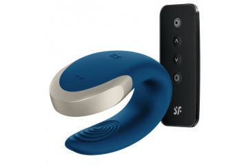 Синий вибратор для пар Double Love с возможностью управления через пульт и приложение