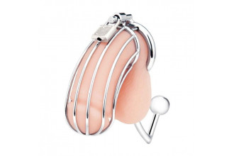Серебристая металлическая клетка с анальным стимулятором Cock Cage