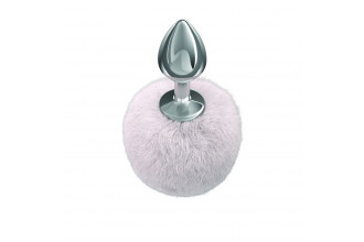 Серебристая анальная пробка с белым пушистым хвостиком Twinkle