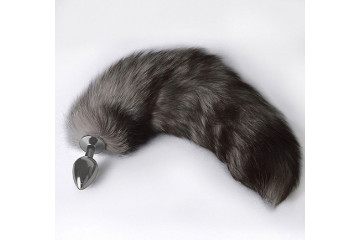 Серебристая коническая анальная пробка с пушистым хвостиком