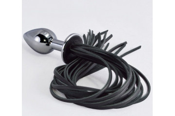 Серебристая анальная пробка с черной плетью