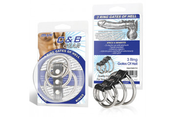 Хомут на пенис из трех металлических колец и кольца для привязи 3 RING GATES OF HELL