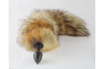 Черная анальная пробка с пушистым рыжим хвостиком