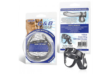 Кольцо на пенис с разделителем мошонки из искусственной кожи на клепках V-STYLE COCK RING