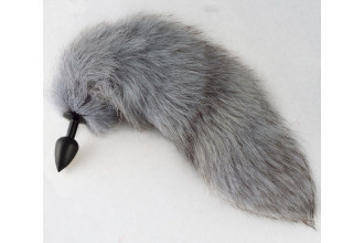 Черная анальная пробка с натуральным серым хвостиком