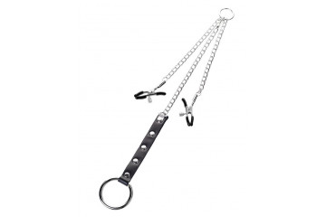 Серебристо-чёрные зажимы для сосков с кольцом для пениса TOYFA Metal