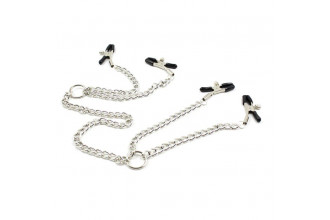 Серебристые зажимы для сосков и половых губ на тонкой цепочке