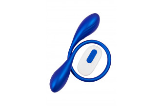 Синий двусторонний вибратор Agamien с управлением через приложение - 46 см.