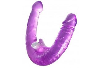 Фиолетовый двухсторонний фаллоимитатор с вибропулей - 35 см.