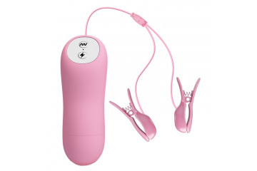 Нежно-розовые зажимы на соски с вибрацией и электростимуляцией