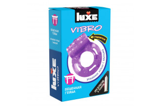 Лиловое эрекционное виброкольцо Luxe VIBRO «Бешеная Гейша» + презерватив