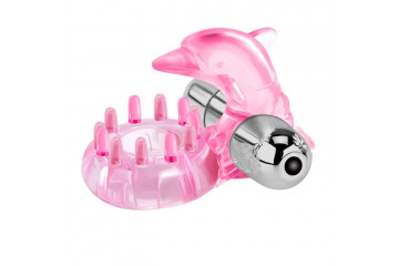 Розовое виброкольцо-дельфин с шипами