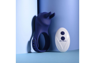 Синее эрекционное виброкольцо с клиторальной подушечкой и пультом ДУ Adjustable Fun Ring