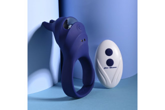 Синее эрекционное виброкольцо с клиторальной подушечкой и пультом ДУ Adjustable Fun Ring