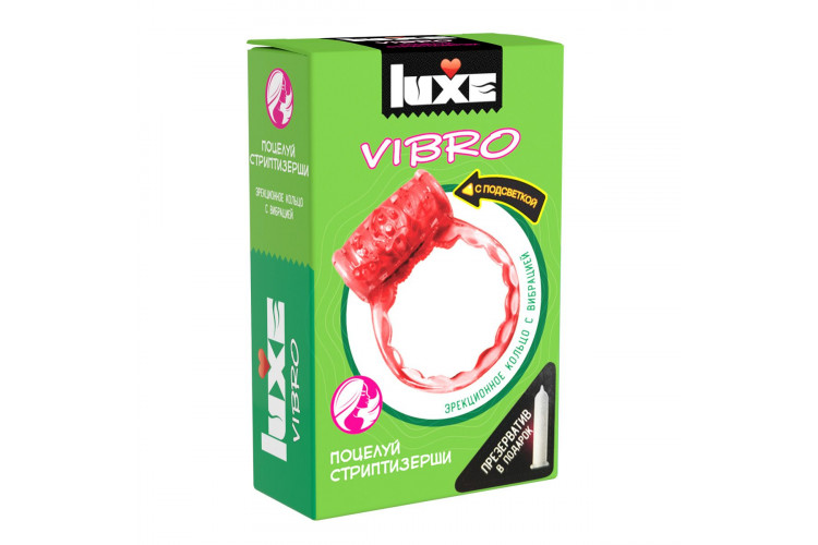 Розовое эрекционное виброкольцо Luxe VIBRO «Поцелуй стриптизёрши» + презерватив