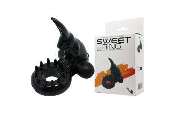 Чёрное эрекционное виброкольцо с зайчиком