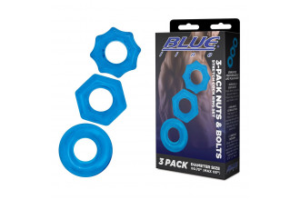 Комплект из трех голубых колец для эрекции 3-Pack Nuts & Bolts Stretch Cock Ring Set